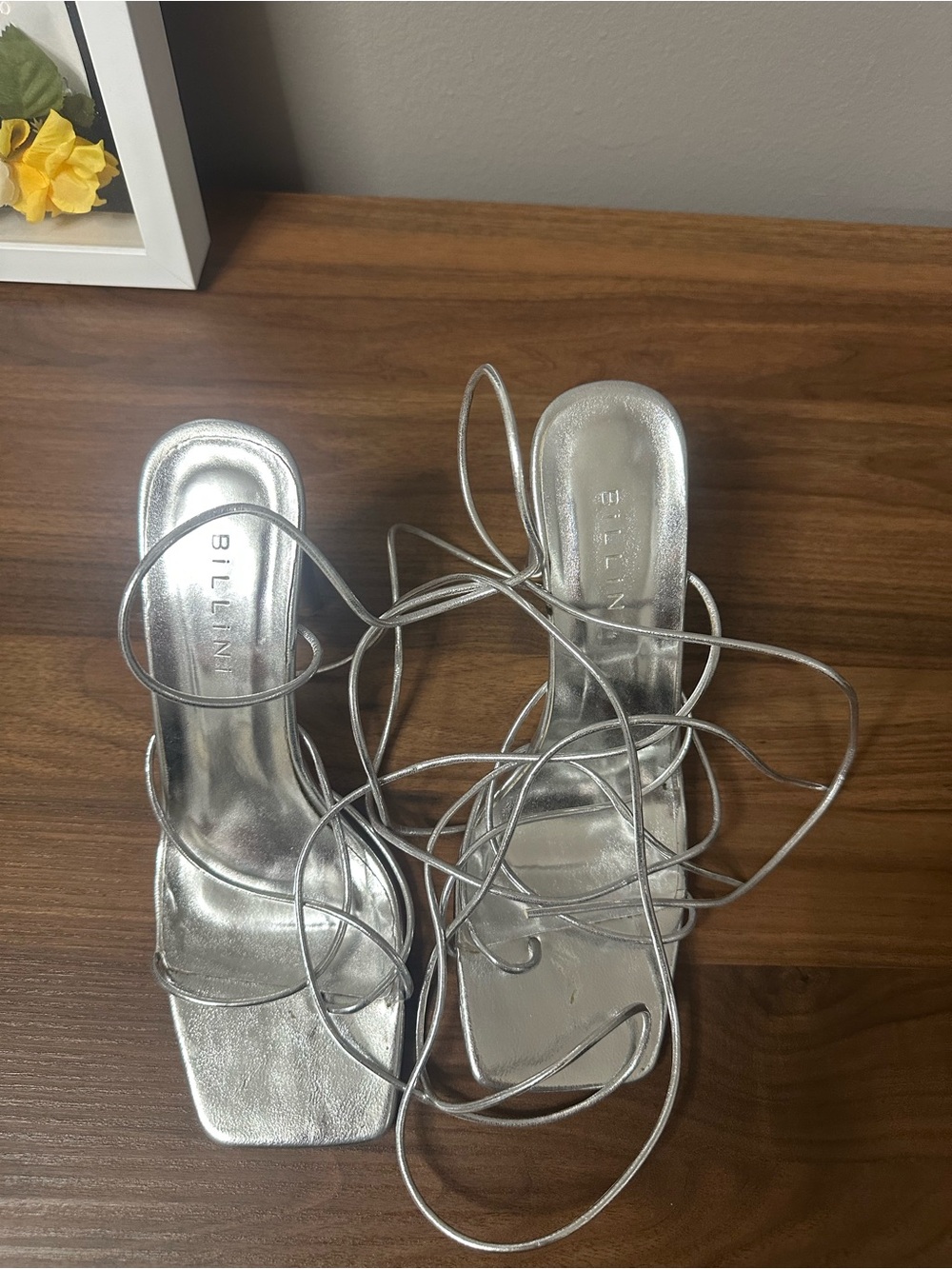 Billini Metallic Silver Wrap Lace-Up Heels